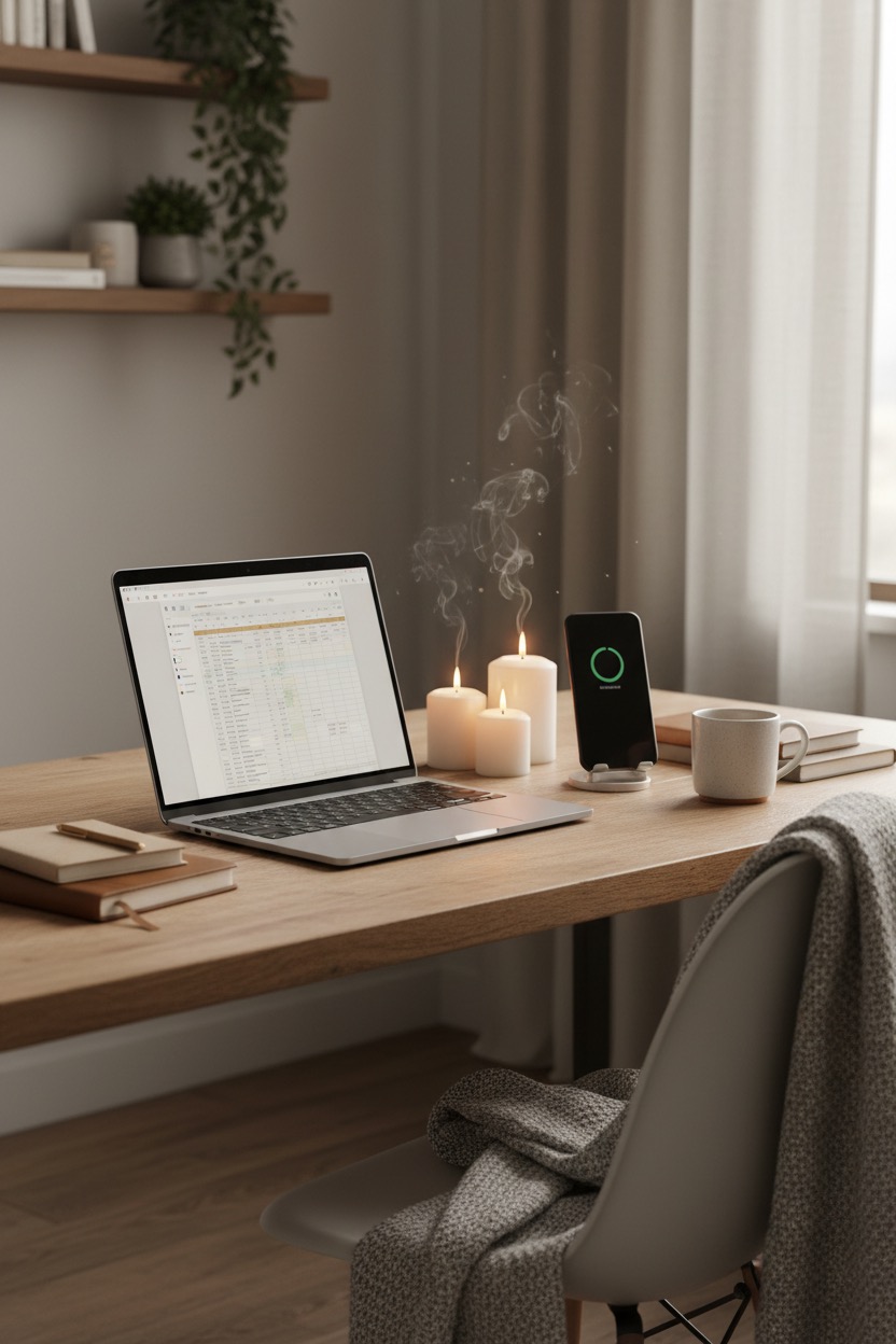 Ein Laptop mit einer geöffneten Tabelle, brennende Kerzen und ein Smartphone auf einer Ladestation stehen auf einem Schreibtisch in einem gemütlichen Arbeitszimmer.