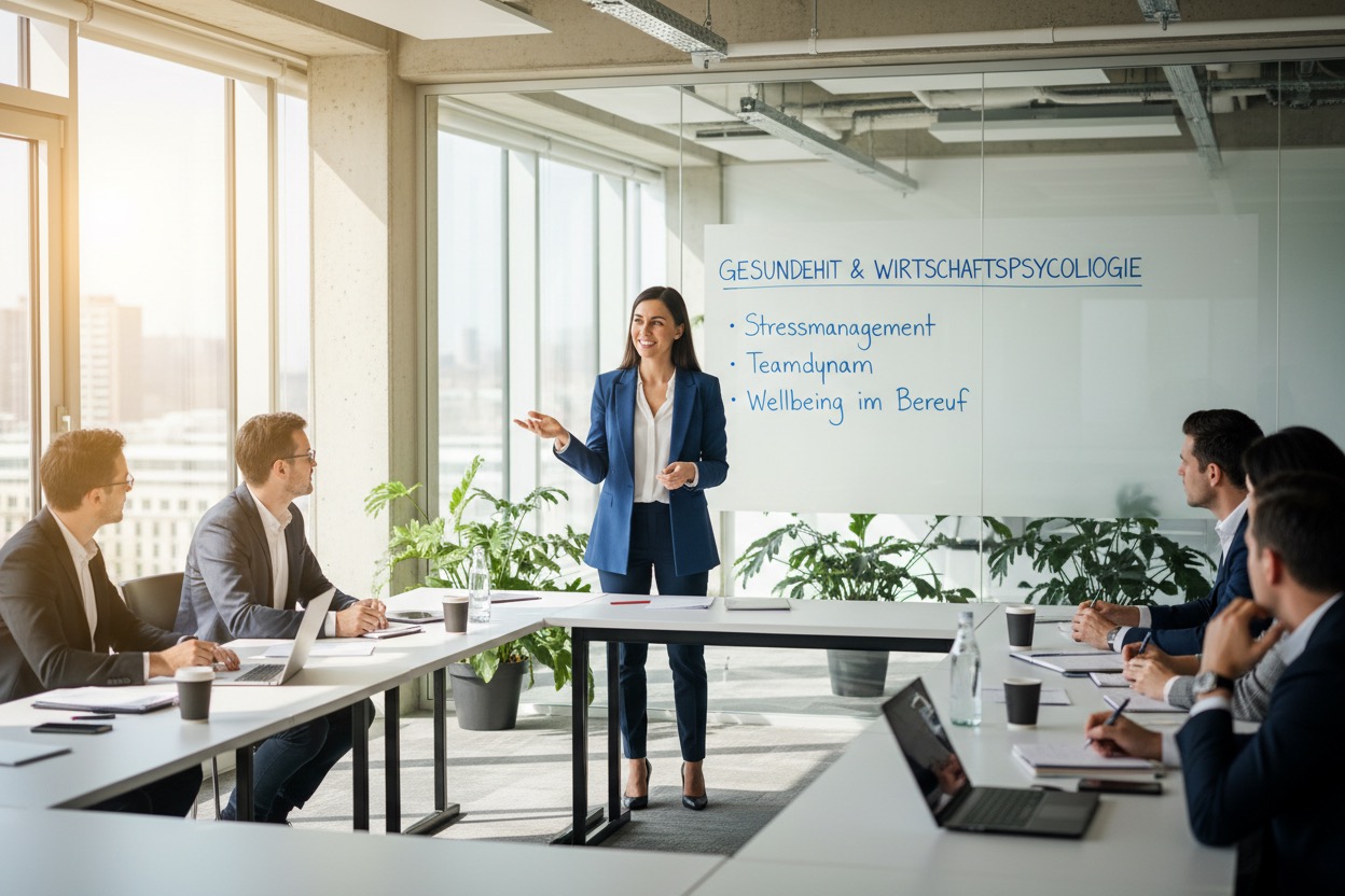 Eine geschäftlich gekleidete Frau hält vor einer Gruppe von Kollegen im Besprechungsraum einen Vortrag, während sie auf ein Whiteboard mit der Aufschrift „Gesundheit & Wirtschaftspsychologie“ zeigt.