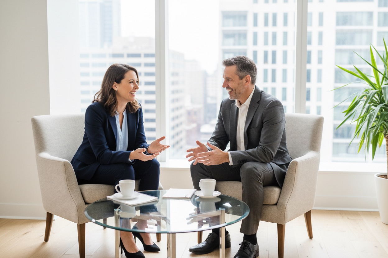 Eine Frau und ein Mann in Businesskleidung sitzen in Sesseln und unterhalten sich lächelnd in einem modernen Büro.